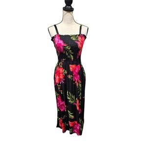Womens Floral Print Whimsygoth Dress Size L Smocked Sundress Midi Tropical